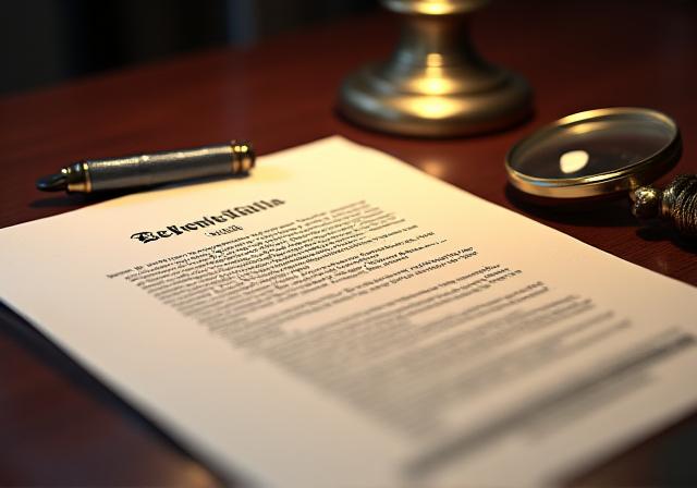 A close-up of a legal document with a magnifying glass and a luxury fountain pen on a mahogany desk