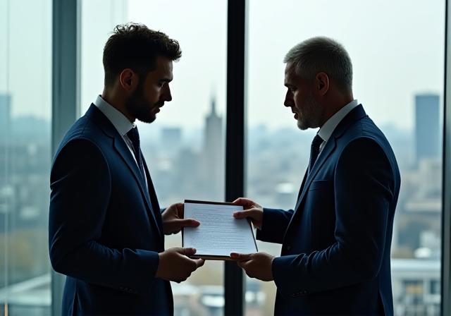 Two professionals discussing a document in a high-end office