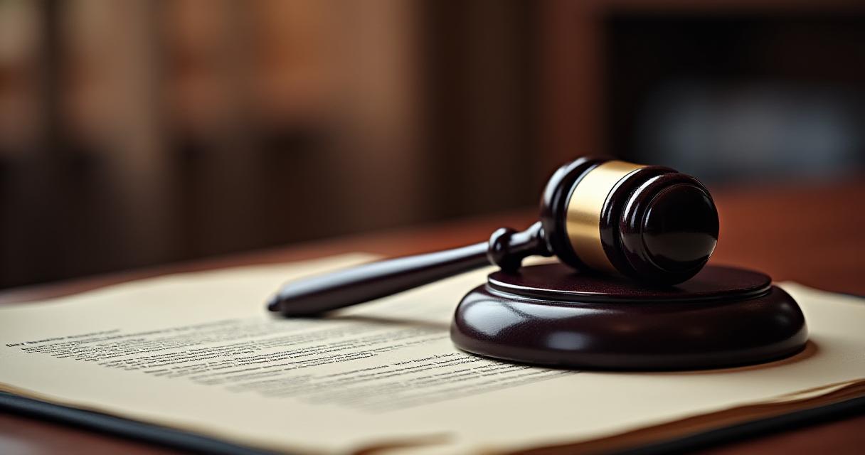 Close up of a wooden gavel and legal documents on a dark oak desk
